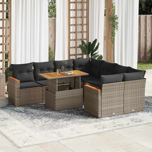 vidaXL 9-tlg. Garten-Sofagarnitur mit Kissen Grau Poly Rattan Akazie