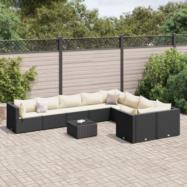 vidaXL 10-tlg. Garten-Sofagarnitur mit Kissen Schwarz Poly Rattan