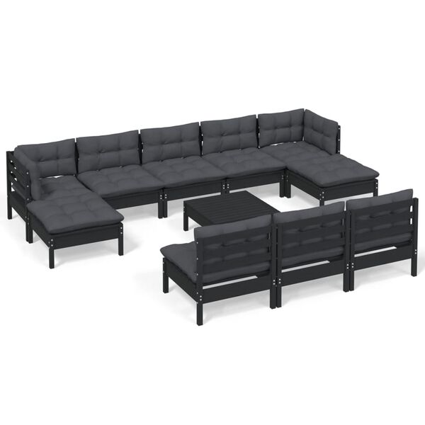 vidaXL 11-tlg. Garten-Lounge-Set mit Kissen Schwarz Kiefernholz