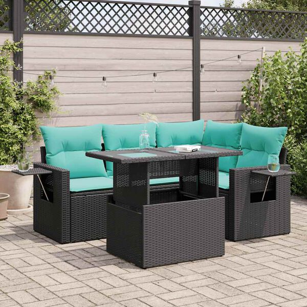 vidaXL 5-tlg. Garten-Sofagarnitur mit Kissen Schwarz Poly Rattan Akazie