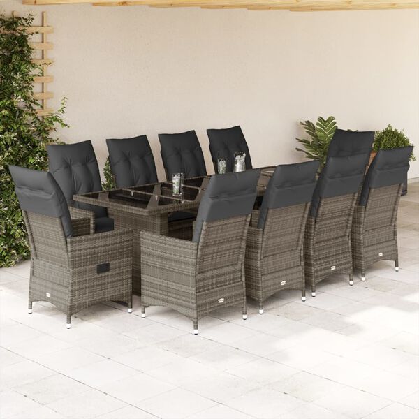 vidaXL 11-tlg. Garten-Bistro-Set mit Kissen Grau Poly Rattan