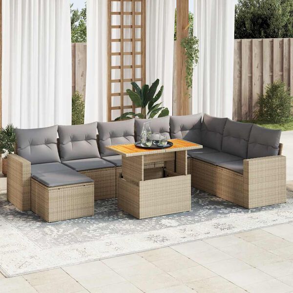 vidaXL 9-tlg. Garten-Sofagarnitur mit Kissen Beige Poly Rattan