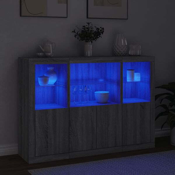 vidaXL Sideboards mit LED-Leuchten 3 Stk. Grau Sonoma Holzwerkstoff