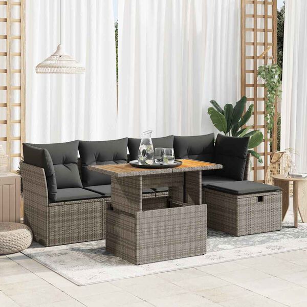 vidaXL 6-tlg. Garten-Sofagarnitur mit Kissen Grau Poly Rattan Akazie