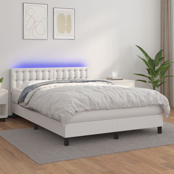 vidaXL Boxspringbett mit Matratze & LED Wei&szlig; 140x200 cm Kunstleder