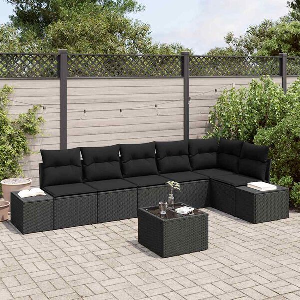 vidaXL Garten-Sofa-Set mit Kissen 7 pcs Schwarz Poly-Rattan