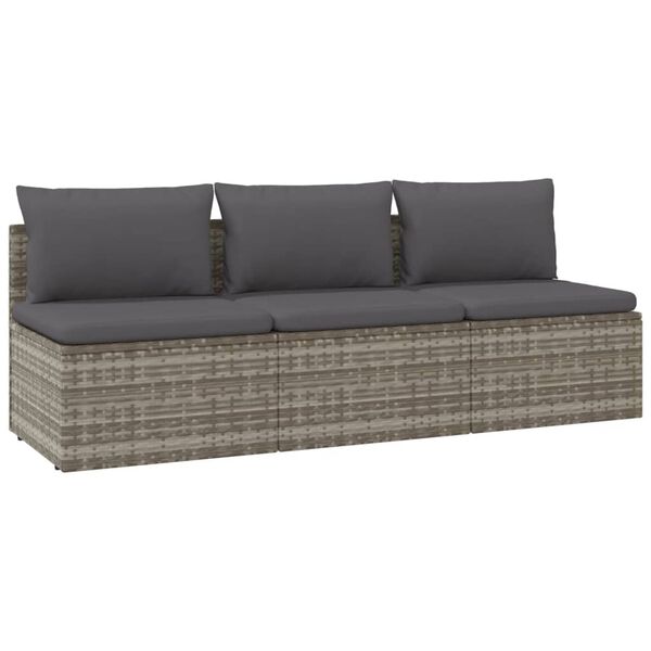 vidaXL Gartensofa 3-Sitzer mit Kissen Grau Poly Rattan