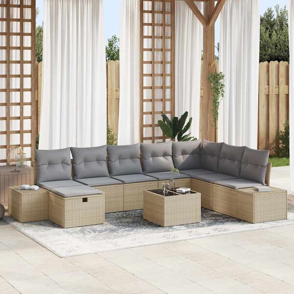 vidaXL Garten-Sofa-Set mit Kissen 9 pcs Beige Poly Rattan