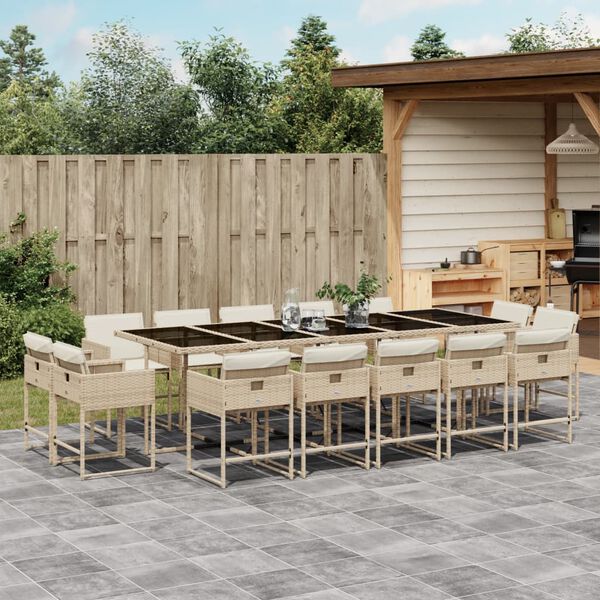 vidaXL 15-tlg. Garten-Essgruppe mit Kissen Beige Poly Rattan