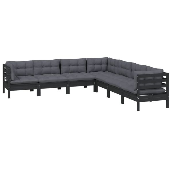 vidaXL 7-tlg. Garten-Lounge-Set mit Kissen Schwarz Kiefer Massivholz