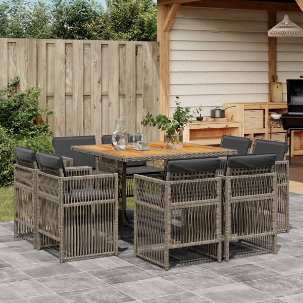 vidaXL 9-tlg. Garten-Essgruppe mit Kissen Grau Poly Rattan