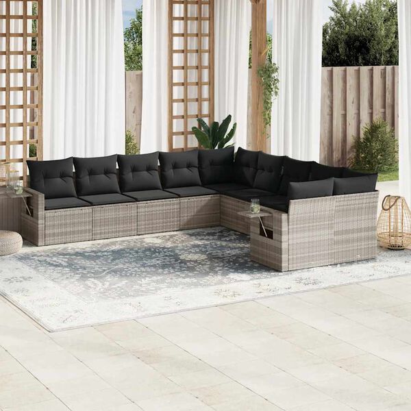 vidaXL 10-tlg. Garten-Sofagarnitur mit Kissen Hellgrau Poly Rattan