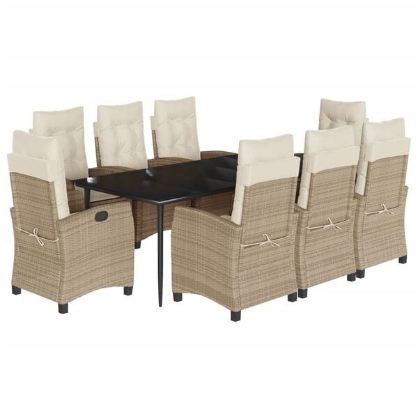 vidaXL 9-tlg. Garten-Essgruppe mit Kissen Beige Poly Rattan