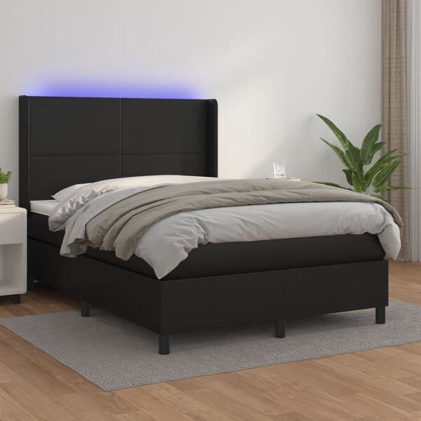 vidaXL Boxspringbett mit Matratze & LED Schwarz 140x200 cm Kunstleder