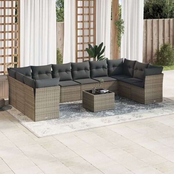 vidaXL 11-tlg. Garten-Sofagarnitur mit Kissen Grau Poly Rattan