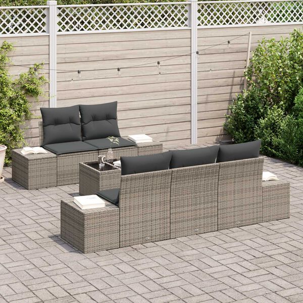 vidaXL Garten-Sofa-Set mit Kissen 6 pcs Grau Poly-Rattan