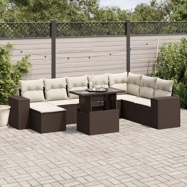 vidaXL 9-tlg. Garten-Sofagarnitur mit Kissen Braun Poly Rattan