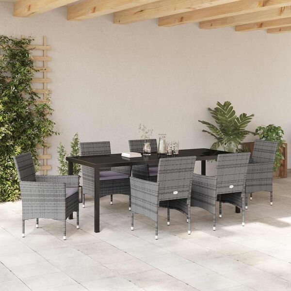 vidaXL Garten Essgruppe mit Kissen 7 pcs Grau Poly-Rattan
