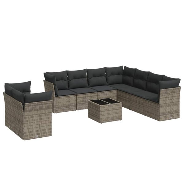 vidaXL 10-tlg. Garten-Sofagarnitur mit Kissen Grau Poly Rattan
