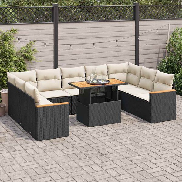 vidaXL 10-tlg. Garten-Sofagarnitur mit Kissen Schwarz Poly Rattan