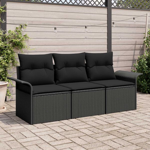 vidaXL Sofa Set mit Kissen 3 pcs Schwarz Poly-Rattan
