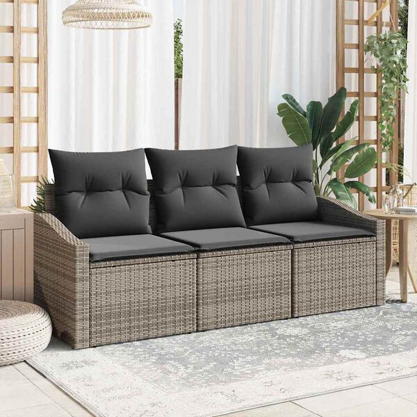 vidaXL Sofa Set mit Kissen 3 pcs Grau Poly Rattan