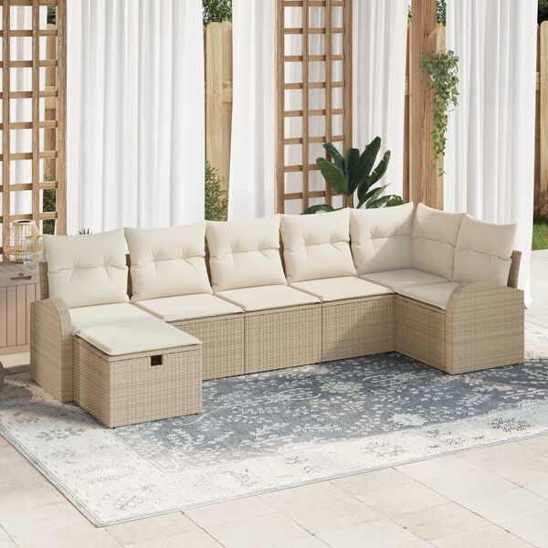 vidaXL Gartensofa-set mit Kissen mit Speicher 7 pcs Beige Poly-Rattan