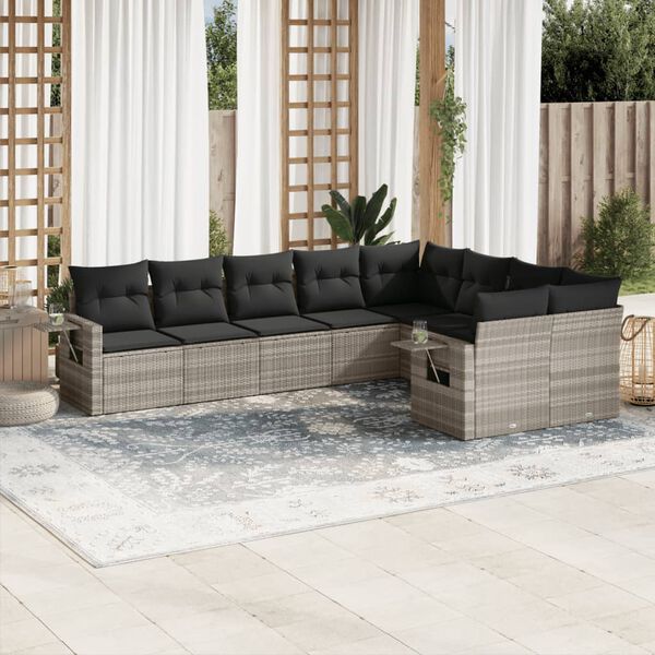 vidaXL 9-tlg. Garten-Sofagarnitur mit Kissen Hellgrau Poly Rattan
