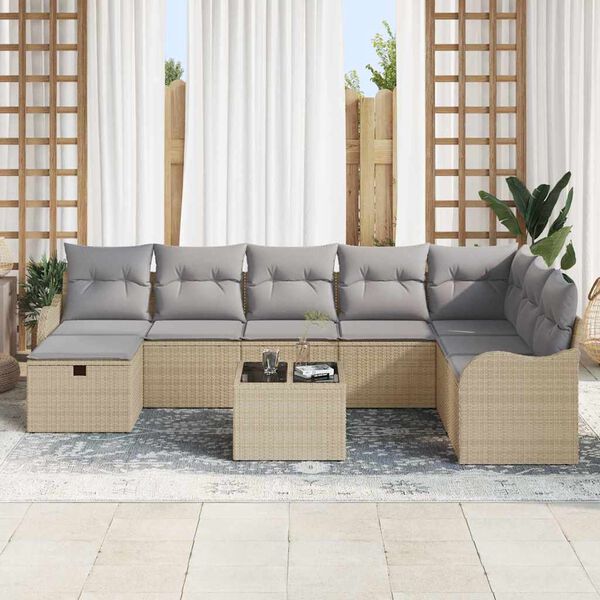 vidaXL Garten-Sofa-Set mit Kissen mit Speicher 9 pcs Beige Poly Rattan