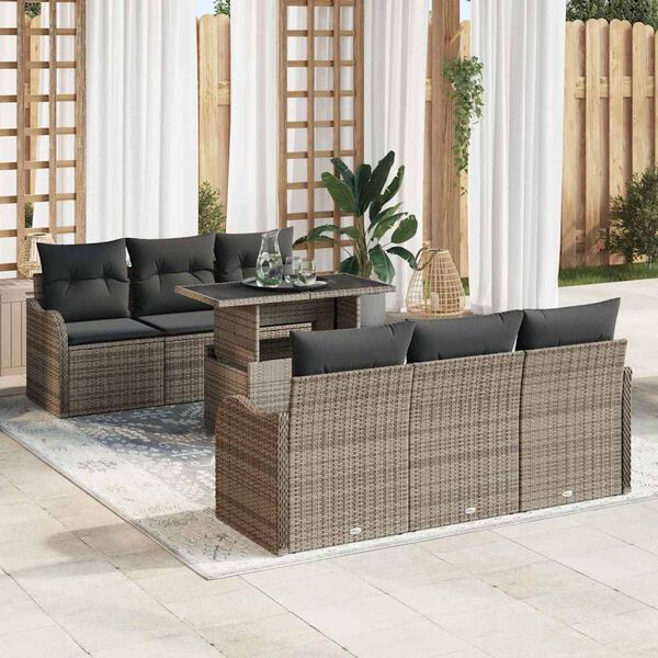 vidaXL Garten-Sofa-Set mit Kissen mit Speicher 7 pcs Grau Poly Rattan
