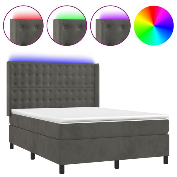 vidaXL Boxspringbett mit Matratze & LED Dunkelgrau 140x190 cm Samt
