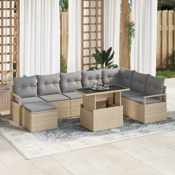 vidaXL Garten-Sofa-Set mit Speicher 9 pcs Beige Poly Rattan