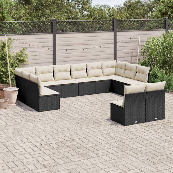 vidaXL 12-tlg. Garten-Sofagarnitur mit Kissen Schwarz Poly Rattan