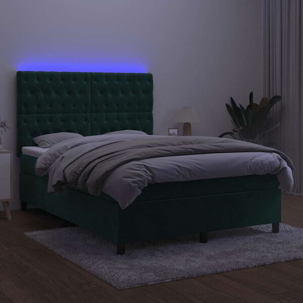 vidaXL Boxspringbett mit Matratze & LED Dunkelgr&uuml;n 140x190 cm Samt