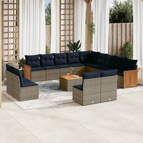 vidaXL 14-teiliges Gartensofa-Set mit Kissen, grau, Polyrattan