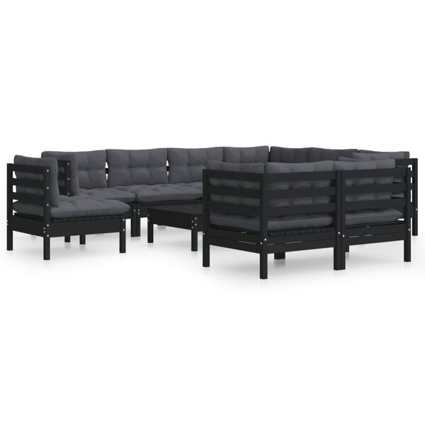 vidaXL 10-tlg. Garten-Lounge-Set mit Kissen Schwarz Massivholz Kiefer
