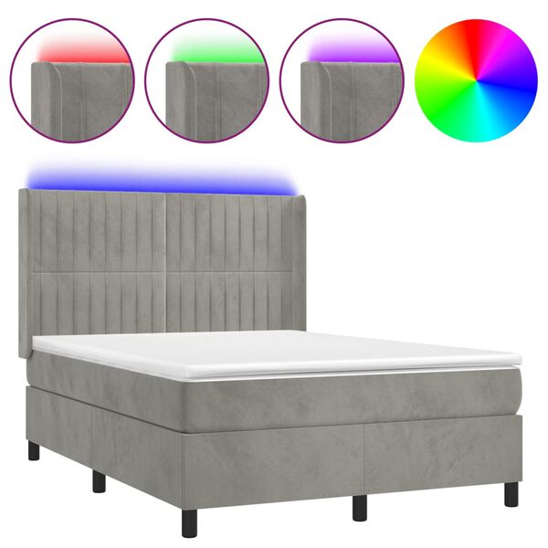 vidaXL Boxspringbett mit Matratze & LED Hellgrau 140x190 cm Samt