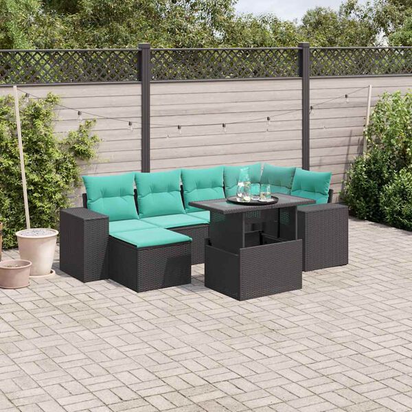 vidaXL 7-teiliges Gartensofa-Set mit Kissen, schwarzes Polyrattan