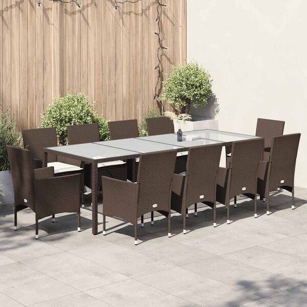 vidaXL 11-tlg. Garten-Essgruppe mit Kissen Braun Poly Rattan Glas