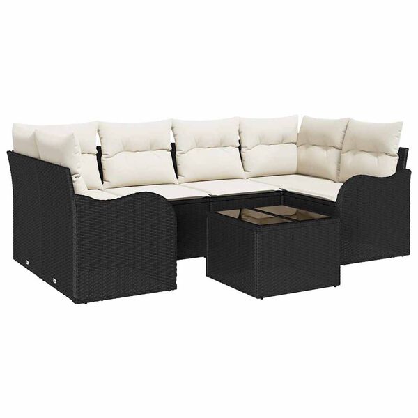 vidaXL Garten-Sofa-Set mit Kissen mit Speicher 7 pcs Schwarz und Creme