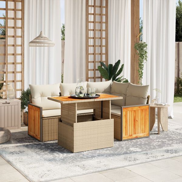 vidaXL 5-tlg. Garten-Sofagarnitur mit Kissen Beige Poly Rattan