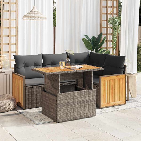 vidaXL 5-tlg. Garten-Sofagarnitur mit Kissen Grau Poly Rattan Akazie
