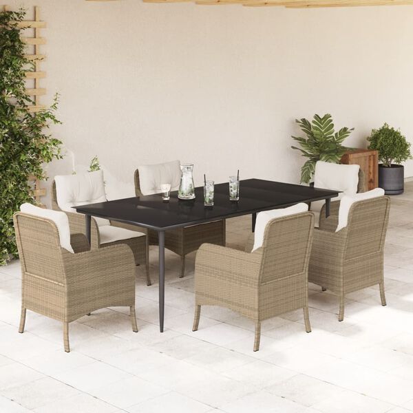 vidaXL 7-tlg. Garten-Essgruppe mit Kissen Beige Poly Rattan