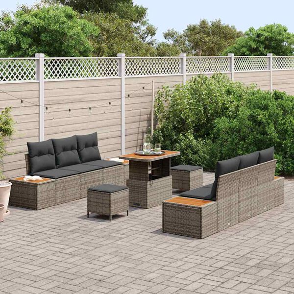 vidaXL Gartensofa-set mit Kissen mit Speicher 9 pcs Grau Poly Rattan