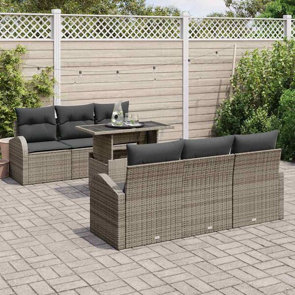 vidaXL Gartensofa-set mit Kissen mit Speicher 7 pcs Grau Poly Rattan