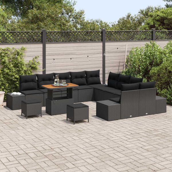 vidaXL Garten-Sofa-Set mit Kissen 13 pcs Schwarz Poly Rattan