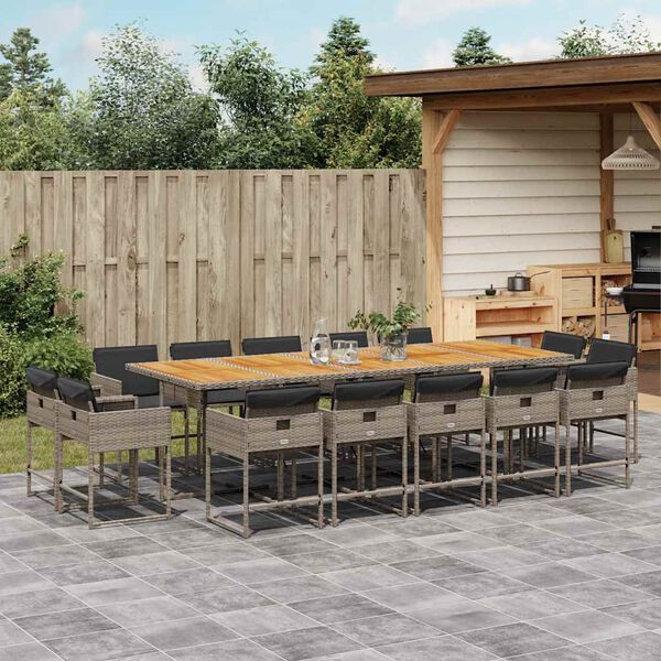 vidaXL 15-tlg. Garten-Essgruppe mit Kissen Grau Poly Rattan