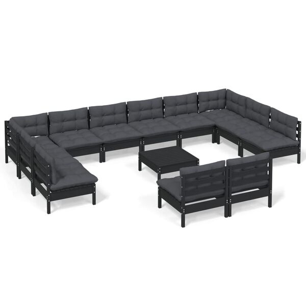 vidaXL 13-tlg. Garten-Lounge-Set mit Kissen Schwarz Kiefer Massivholz