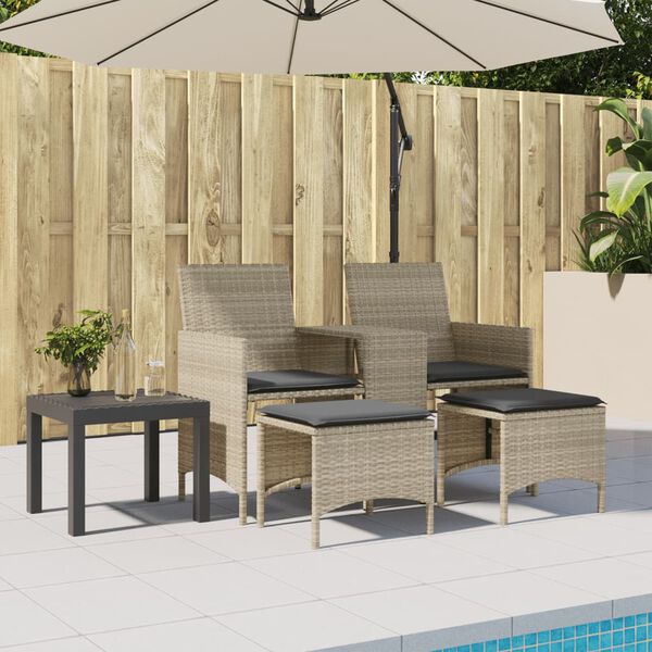 vidaXL Gartensofa 2-Sitzer mit Tisch und Hockern Hellgrau Poly Rattan