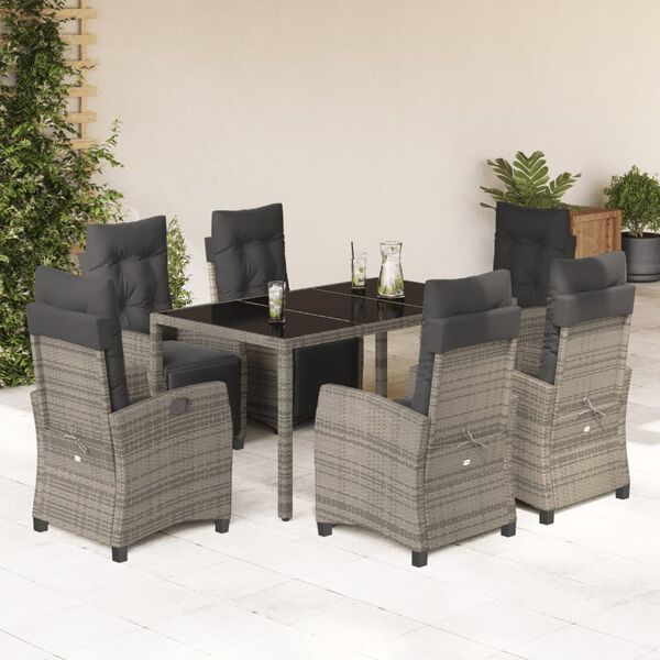 vidaXL 7-tlg. Garten-Essgruppe mit Kissen Grau Poly Rattan